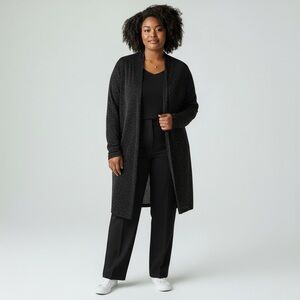 Vintage 90s ERENA Longline Open Front Duster Cardigan Shimmer Black Gold 1X